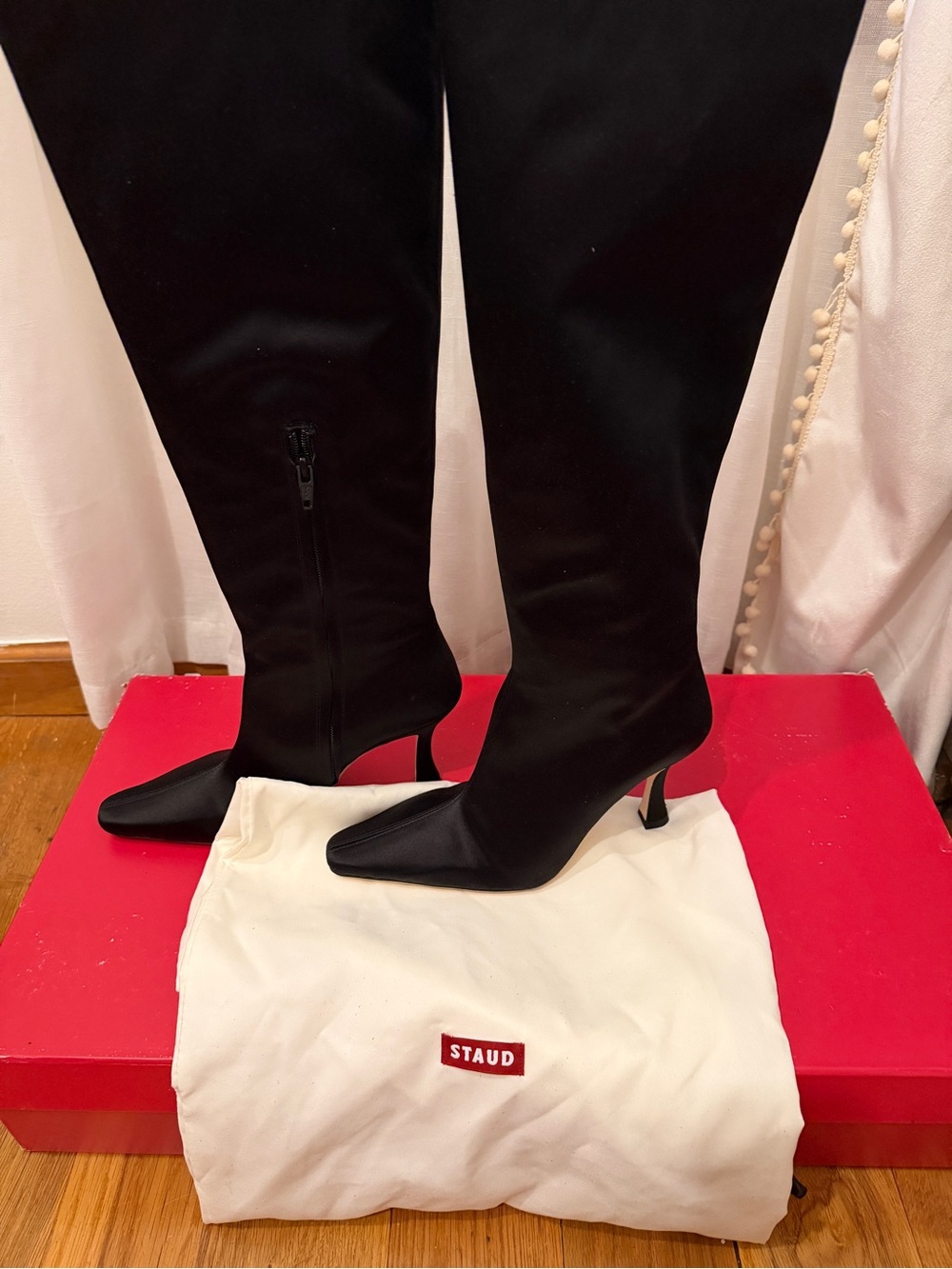 NWT STAUD Satin/Leather Knee High Pointed Toe Boots
